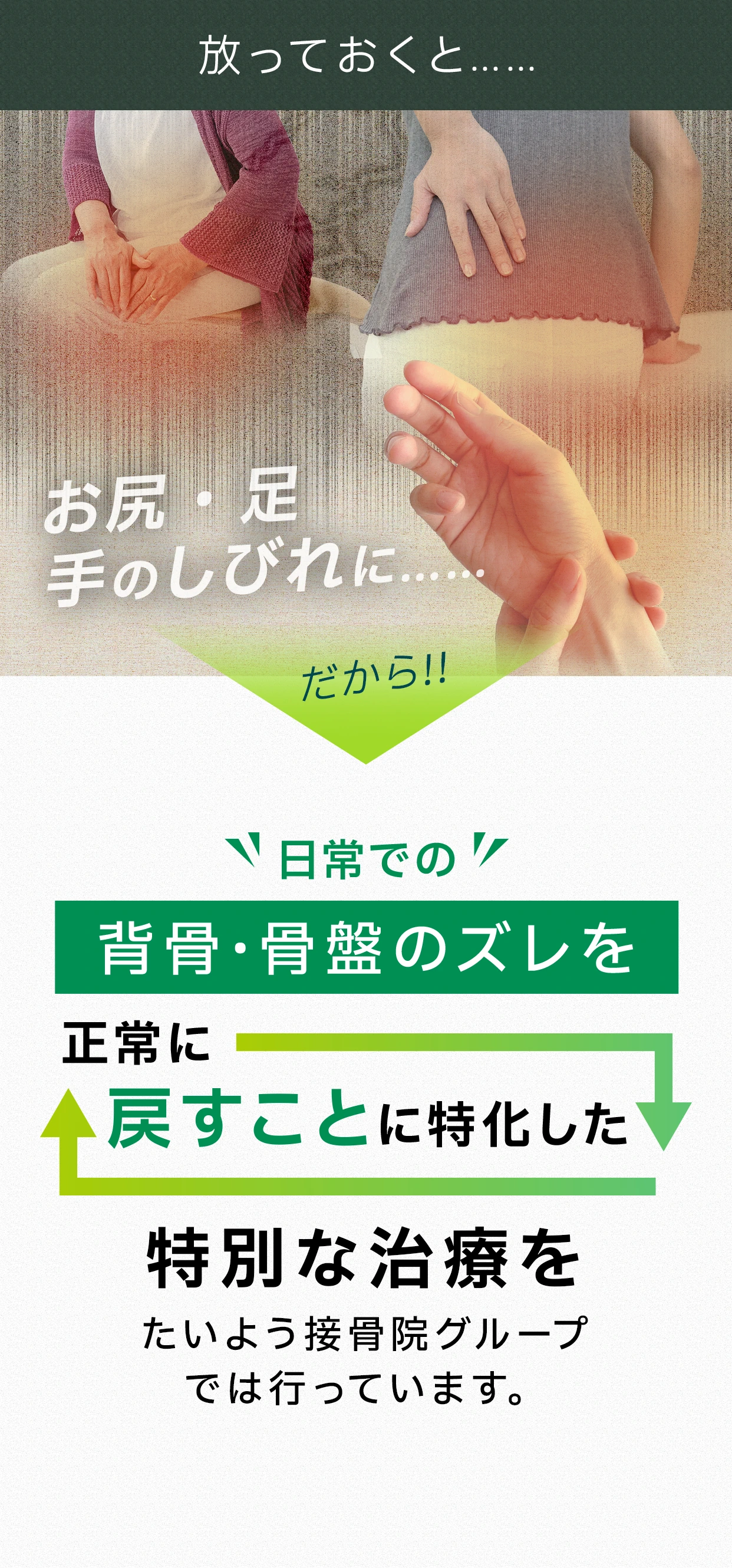 放っておくとお尻、足、手足のしびれの原因に。だから日常での背骨・骨盤のズレを正常戻すことに特化した特別な治療をたいよう接骨院グループでは行っています。
